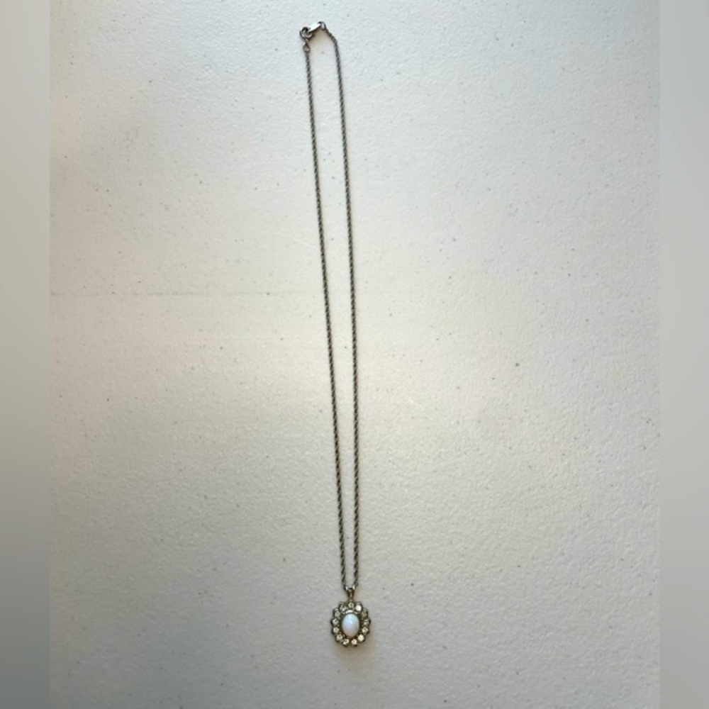 Vintage Avon Faux Opal & Rhinestone Necklace On 10” Silver-tone Chain